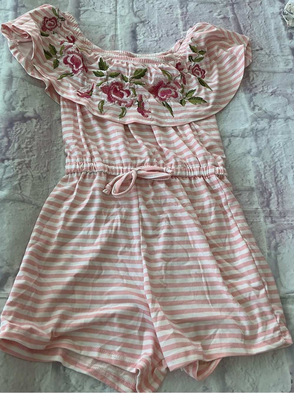 btween Pink and White Striped Ruffle Girl Summer Romper Size 10 - Picture 3 of 6